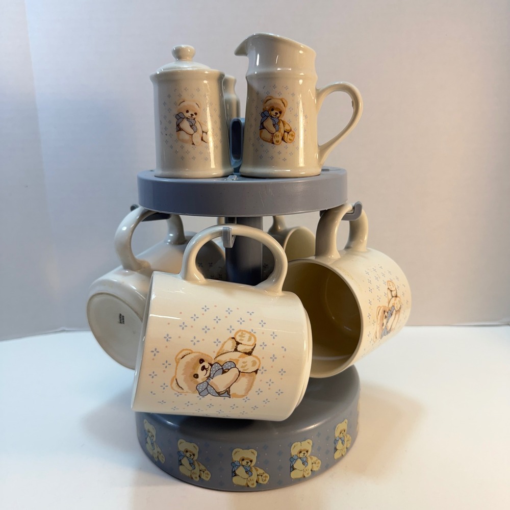 Vintage Teddy Bear Coffee Tea Set Carousel 6 Mugs Creamer Sugar S/P Shakers 90s